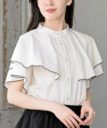 バンドカラー配色ケープブラウス