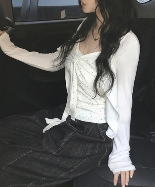 VIVID LADY(ビビッドレディー)の「リボンデザイン ドット柄 キャミ×ショートカーディガン アンサンブル(アンサンブル・レディース・アイボリー・FREE)」の9枚目の写真