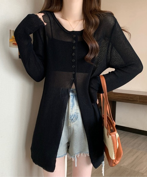 &soiree(アンドソワレ)の「深スリット入りミドル丈シアーカーディガン(カーディガン/ボレロ・レディース・アイボリー/ブラック・FREE)」の2枚目の写真