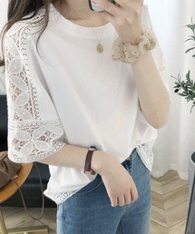 袖レース切り替え5分袖Tシャツカットソー