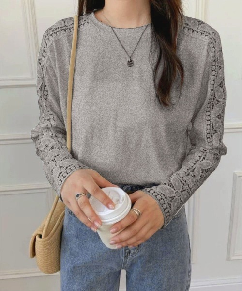 Miniministore（ミニミニストア）の「袖レース切り替え5分袖Tシャツカットソー（Tシャツ/カットソー・レディース・ブラック系2/ホワイト系2/ホワイト系1/グレー系2/グレー系1/ブラック系1・FREE）」の5枚目の写真