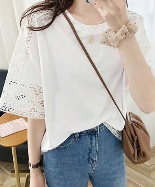 Miniministore（ミニミニストア）の「袖レース切り替え5分袖Tシャツカットソー（Tシャツ/カットソー・レディース・ブラック系2/ホワイト系2/ホワイト系1/グレー系2/グレー系1/ブラック系1・FREE）」の8枚目の写真