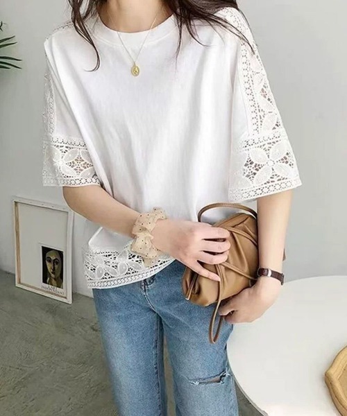Miniministore（ミニミニストア）の「袖レース切り替え5分袖Tシャツカットソー（Tシャツ/カットソー・レディース・ブラック系2/ホワイト系2/ホワイト系1/グレー系2/グレー系1/ブラック系1・FREE）」の9枚目の写真