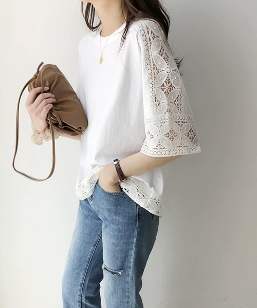 Miniministore（ミニミニストア）の「袖レース切り替え5分袖Tシャツカットソー（Tシャツ/カットソー・レディース・ブラック系2/ホワイト系2/ホワイト系1/グレー系2/グレー系1/ブラック系1・FREE）」の10枚目の写真
