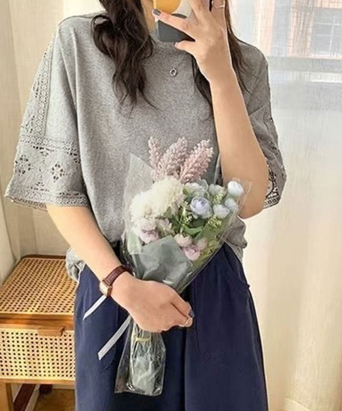 Miniministore（ミニミニストア）の「袖レース切り替え5分袖Tシャツカットソー（Tシャツ/カットソー・レディース・ブラック系2/ホワイト系2/ホワイト系1/グレー系2/グレー系1/ブラック系1・FREE）」の21枚目の写真