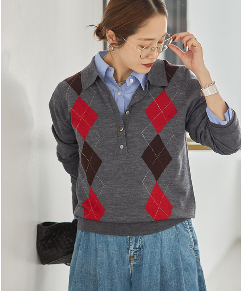 JOURNAL STANDARD（ジャーナルスタンダード）の「ウォッシャブルウール ポロシャツ（ニット/セーター・レディース・ネイビー/チャコールグレー/チョコ・FREE）」の2枚目の写真