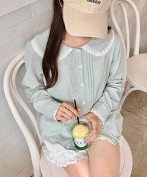 ピンタックレース丸襟長袖シャツ