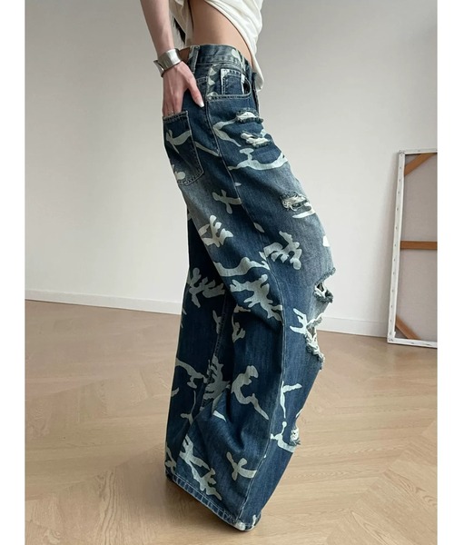 FreeZone(フリーゾーン)の「カモフラージュ柄ダメージワイドデニムパンツ(デニムパンツ・メンズ・ブルー・L/M/S)」の5枚目の写真