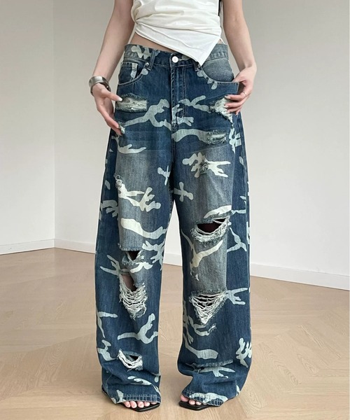 FreeZone(フリーゾーン)の「カモフラージュ柄ダメージワイドデニムパンツ(デニムパンツ・メンズ・ブルー・L/M/S)」の12枚目の写真