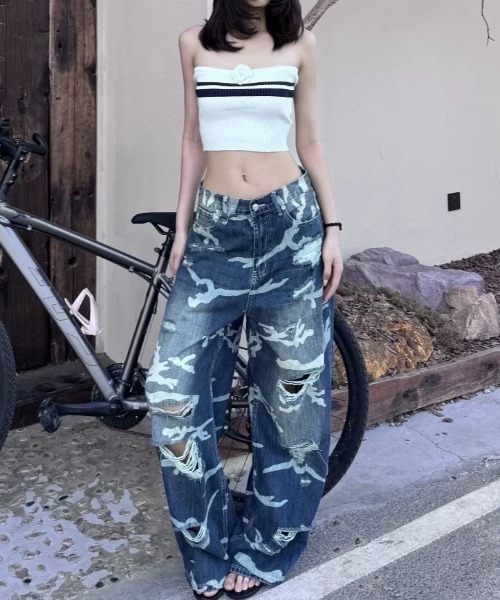 FreeZone(フリーゾーン)の「カモフラージュ柄ダメージワイドデニムパンツ(デニムパンツ・メンズ・ブルー・L/M/S)」の14枚目の写真