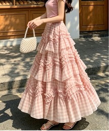 フリルティアードチェックボリュームフレアスカート