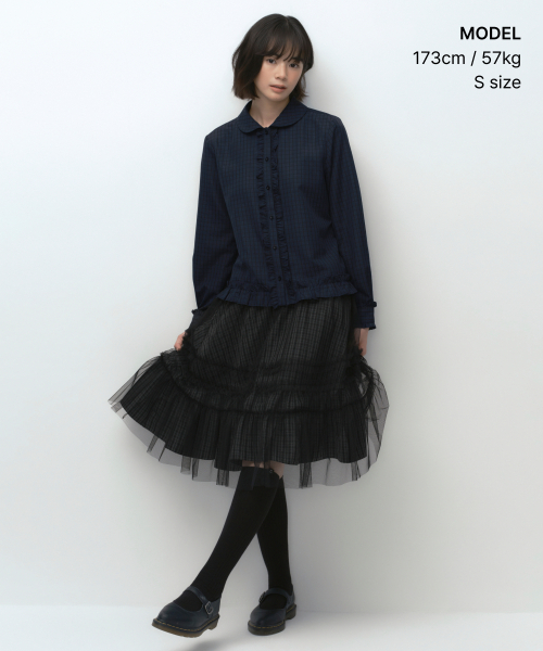 MUSINSA STANDARD WOMAN（ムシンサスタンダードウーマン）の「[オヘシオコラボ] チェックフリルブラウス [ネイビー]（シャツ/ブラウス・レディース・その他・SMALL/MEDIUM）」の2枚目の写真
