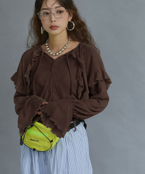 bohmal(ボマール)の「シアーワッフルVネックフリルカラートップス(Tシャツ/カットソー・レディース・ライム/ピンク/ブラウン/オフホワイト/パープル・FREE)」の3枚目の写真