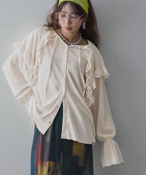 bohmal(ボマール)の「シアーワッフルVネックフリルカラートップス(Tシャツ/カットソー・レディース・ライム/ピンク/ブラウン/オフホワイト/パープル・FREE)」の2枚目の写真