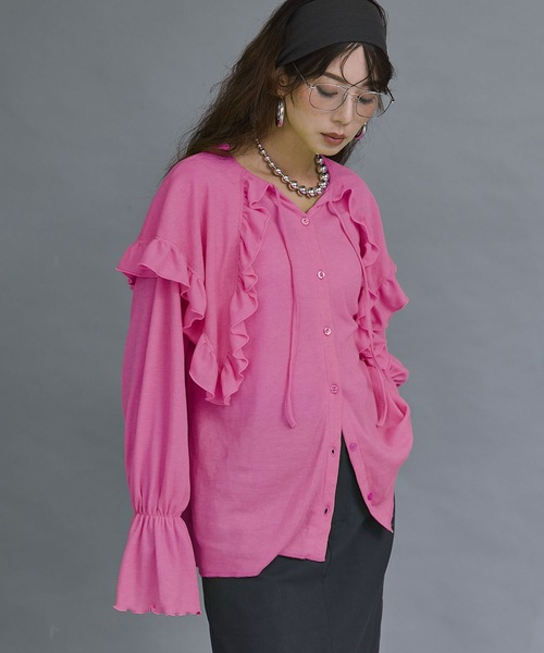bohmal(ボマール)の「シアーワッフルVネックフリルカラートップス(Tシャツ/カットソー・レディース・ライム/ピンク/ブラウン/オフホワイト/パープル・FREE)」の5枚目の写真