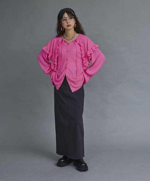 bohmal(ボマール)の「シアーワッフルVネックフリルカラートップス(Tシャツ/カットソー・レディース・ライム/ピンク/ブラウン/オフホワイト/パープル・FREE)」の6枚目の写真