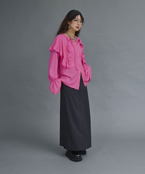 bohmal(ボマール)の「シアーワッフルVネックフリルカラートップス(Tシャツ/カットソー・レディース・ライム/ピンク/ブラウン/オフホワイト/パープル・FREE)」の9枚目の写真