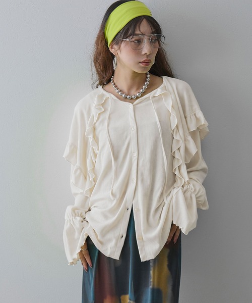 bohmal(ボマール)の「シアーワッフルVネックフリルカラートップス(Tシャツ/カットソー・レディース・ライム/ピンク/ブラウン/オフホワイト/パープル・FREE)」の18枚目の写真