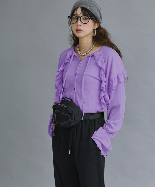 bohmal(ボマール)の「シアーワッフルVネックフリルカラートップス(Tシャツ/カットソー・レディース・ライム/ピンク/ブラウン/オフホワイト/パープル・FREE)」の21枚目の写真