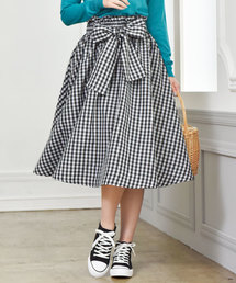 [ギンガムチェック柄/無地]ウエストギャザーミディアム丈リボンフレアスカート/ひざ丈/レディースボトムス[M2136]神戸レタス