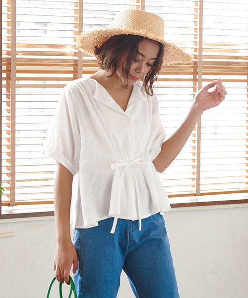 KOBE LETTUCE（コウベレタス）の「フロントリボンウエストギャザーブラウス[C3885]（シャツ/ブラウス・レディース・オフホワイト/ダークオレンジ/カーキ/ピンク・FREE）」の2枚目の写真