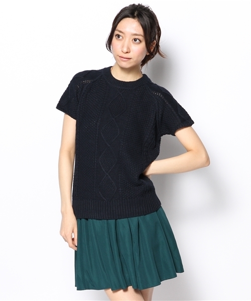 CIAOPANIC（チャオパニック）の「【Ciaopanic】　アラン柄半袖P/O（ニット/セーター・レディース・グレー/レッド/ネイビー/アイボリー・FREE）」の13枚目の写真