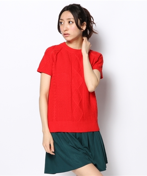 CIAOPANIC（チャオパニック）の「【Ciaopanic】　アラン柄半袖P/O（ニット/セーター・レディース・グレー/レッド/ネイビー/アイボリー・FREE）」の11枚目の写真