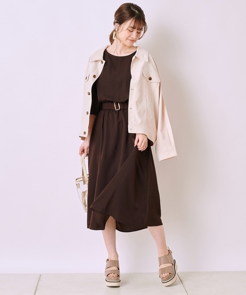 ★ChicLine★ ローズゴールドシェルボタンフレアワンピース ロングシーズン活躍 フレアキャミワンピース（マキシ・ロング