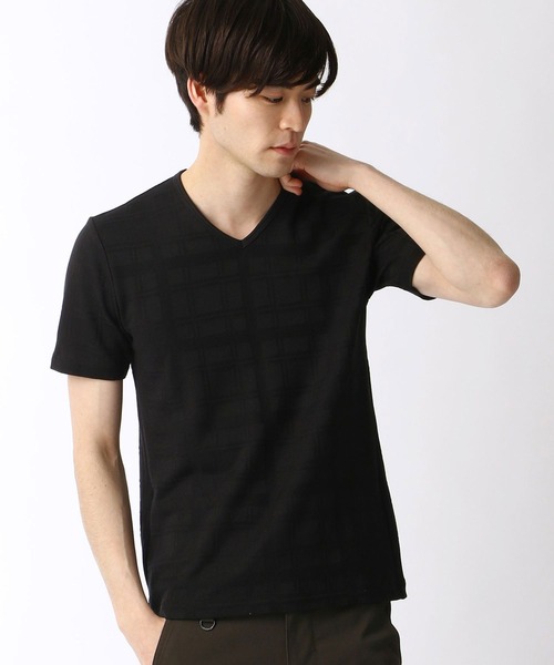 NICOLE CLUB FOR MEN（ニコルクラブフォーメン）の「リンクスチェックVネックカット（Tシャツ/カットソー・メンズ・ボルドー/ホワイト/その他1/ブラック/ネイビー・MEDIUM/X-LARGE/LARGE）」の3枚目の写真