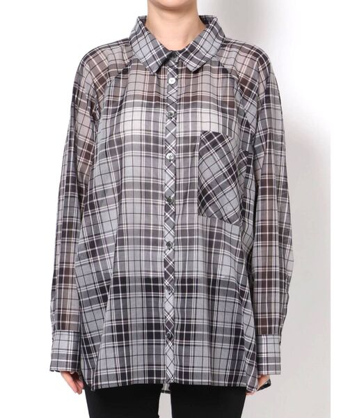MERCURYDUO（マーキュリーデュオ）の「シアーチェックシャツ（シャツ/ブラウス・レディース・ブラック/ブラウン・FREE）」の2枚目の写真
