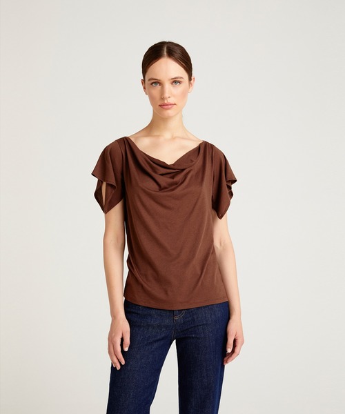 SISLEY(シスレー)の「コットンモダールドレープ半袖Tシャツ・カットソー(Tシャツ/カットソー・レディース・ブラック/ダークブラウン/ライトベージュ・MEDIUM/SMALL/X-SMALL)」の3枚目の写真