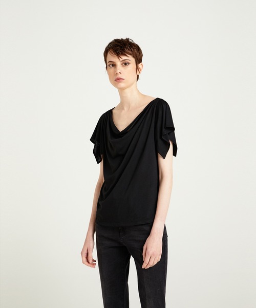 SISLEY(シスレー)の「コットンモダールドレープ半袖Tシャツ・カットソー(Tシャツ/カットソー・レディース・ブラック/ダークブラウン/ライトベージュ・MEDIUM/SMALL/X-SMALL)」の2枚目の写真