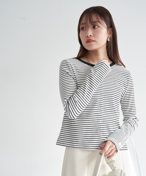 VANNIE U(ヴァニーユー)の「リングスナップボーダーTシャツ/2WAY着用可能(Tシャツ/カットソー・レディース・ブラック/レッド/イエロー/グリーン・FREE)」の16枚目の写真