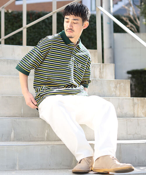 FRED PERRY(フレッドペリー)の「FRED PERRY × BEAMS / 別注 Over Size Border Polo Shirts(ポロシャツ・メンズ・ネイビー/グリーン・MEDIUM/X-LARGE/LARGE/SMALL)」の3枚目の写真
