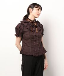 ダブルフリルカラー×リボンがキュートなフリルブラウス 半袖