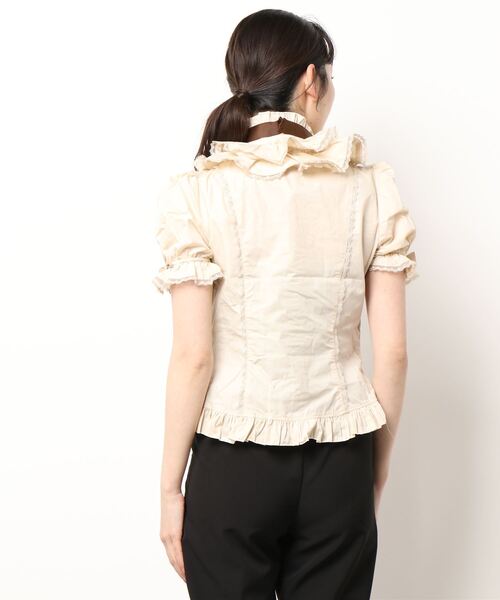 BODYLINE（ボディライン）の「ダブルフリルカラー×リボンがキュートなフリルブラウス 半袖（シャツ/ブラウス・レディース・ブラック/ベージュ/ブラウン/オフホワイト・M/L/S/2L）」の6枚目の写真