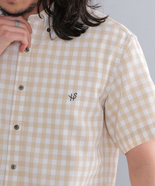 SHIPS(シップス)の「*SHIPS: 防シワ・吸水速乾 ギンガムチェック ボタンダウン 半袖 パナマ シャツ(シャツ/ブラウス・メンズ・ベージュ/ネイビー/ブルー・SMALL/MEDIUM/LARGE/X-LARGE)」の2枚目の写真