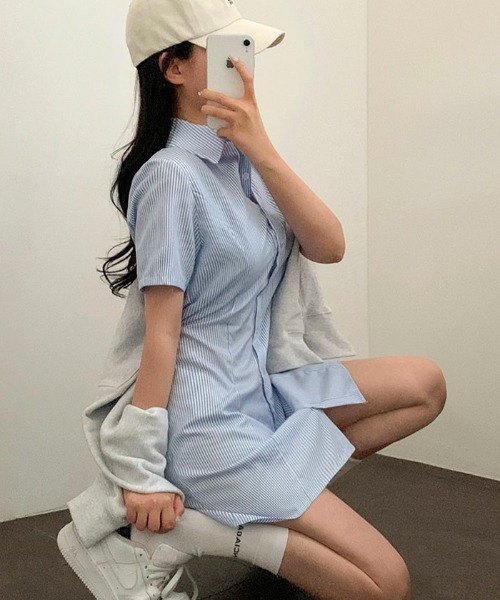 SONA（ソナ）の「[BELLIDE MADE] ストライプショートスリーブシャツドレス（ワンピース・レディース・ネイビー/ブルー・FREE）」の2枚目の写真