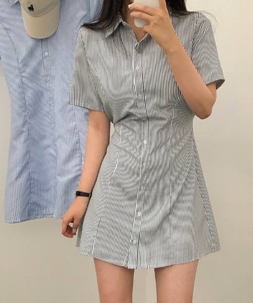 SONA（ソナ）の「[BELLIDE MADE] ストライプショートスリーブシャツドレス（ワンピース・レディース・ネイビー/ブルー・FREE）」の3枚目の写真