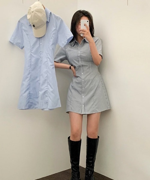 SONA（ソナ）の「[BELLIDE MADE] ストライプショートスリーブシャツドレス（ワンピース・レディース・ネイビー/ブルー・FREE）」の9枚目の写真