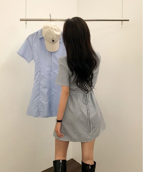 SONA（ソナ）の「[BELLIDE MADE] ストライプショートスリーブシャツドレス（ワンピース・レディース・ネイビー/ブルー・FREE）」の12枚目の写真