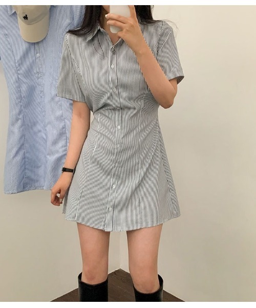 SONA（ソナ）の「[BELLIDE MADE] ストライプショートスリーブシャツドレス（ワンピース・レディース・ネイビー/ブルー・FREE）」の7枚目の写真