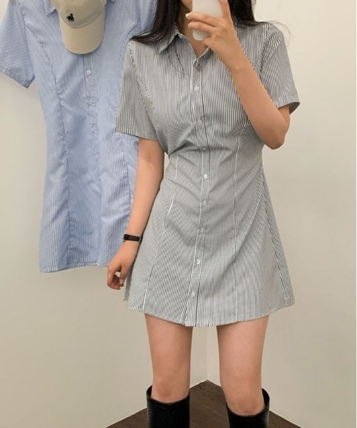 SONA（ソナ）の「[BELLIDE MADE] ストライプショートスリーブシャツドレス（ワンピース・レディース・ネイビー/ブルー・FREE）」の4枚目の写真
