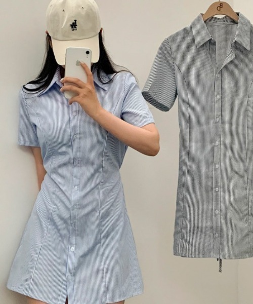 SONA（ソナ）の「[BELLIDE MADE] ストライプショートスリーブシャツドレス（ワンピース・レディース・ネイビー/ブルー・FREE）」の13枚目の写真