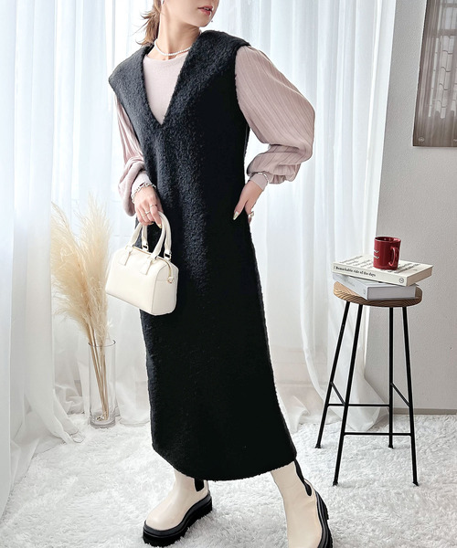 セール】くるくる起毛がキュート。フェイクリングウールVネック