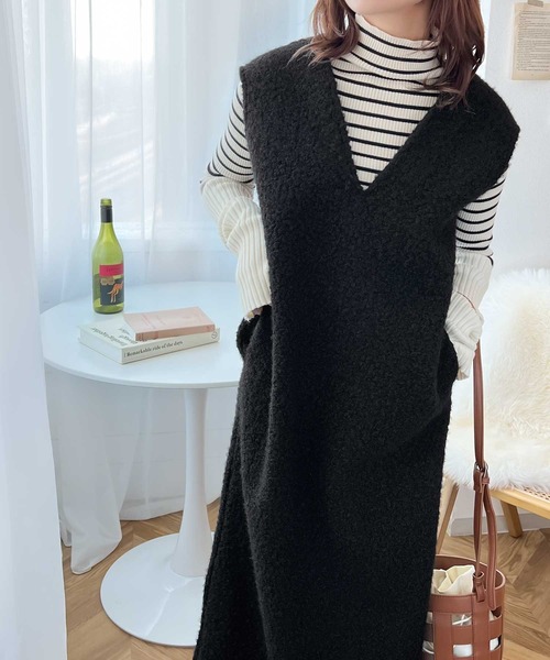 セール】くるくる起毛がキュート。フェイクリングウールVネック