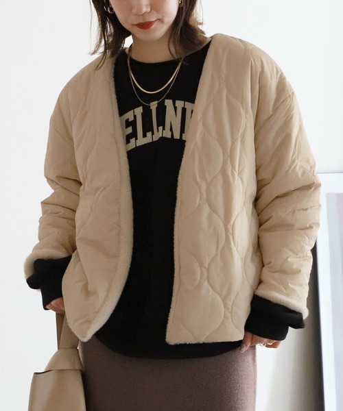 reca（レカ）の「リバーシブルノーカラーファーショートコート（ノーカラーコート・レディース・ベージュ・FREE）」の8枚目の写真