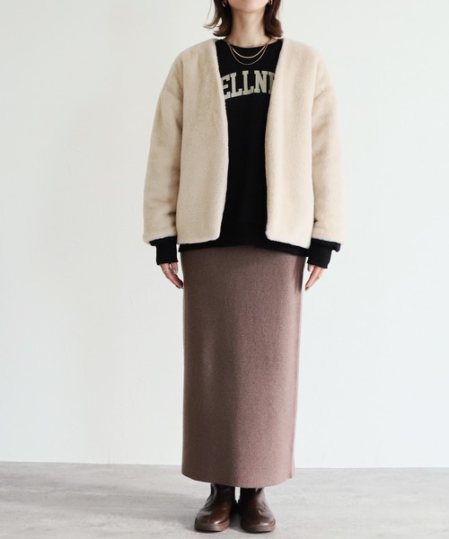 reca（レカ）の「リバーシブルノーカラーファーショートコート（ノーカラーコート・レディース・ベージュ・FREE）」の14枚目の写真