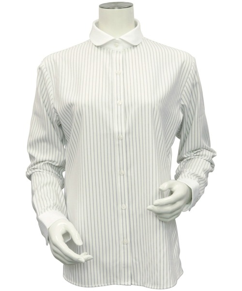 TOKYO SHIRTS（トウキョウシャツ）の「COFREX クレリックラウンド衿 長袖ブラウス（ビジネスシャツ・レディース・ライトグレー・S/M/L/LL）」の2枚目の写真