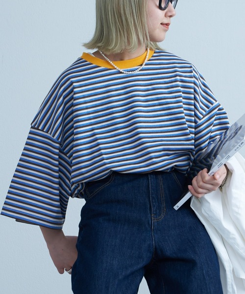 CIAOPANIC TYPY（チャオパニックティピー）の「USAコットンマルチレトロボーダーハーフスリーブビッグTee（Tシャツ/カットソー・メンズ・ブラウン/ブルー/ブラック・LARGE/MEDIUM）」の15枚目の写真